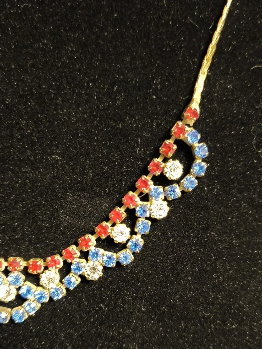 Vintage Gold-Tone Necklace with Red and Blue Rhinestone Accents